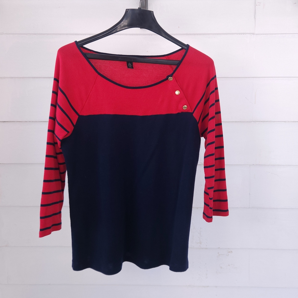 Lauren Ralph Lauren Red Navy Striped Boat Neck Top Gold Button Nautical Preppy L
